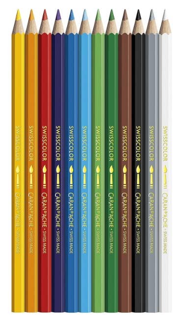 Caran d’Ache Set of 12 SWISSCOLOR Water-Soluble Colored Pencils – Assorted Colors