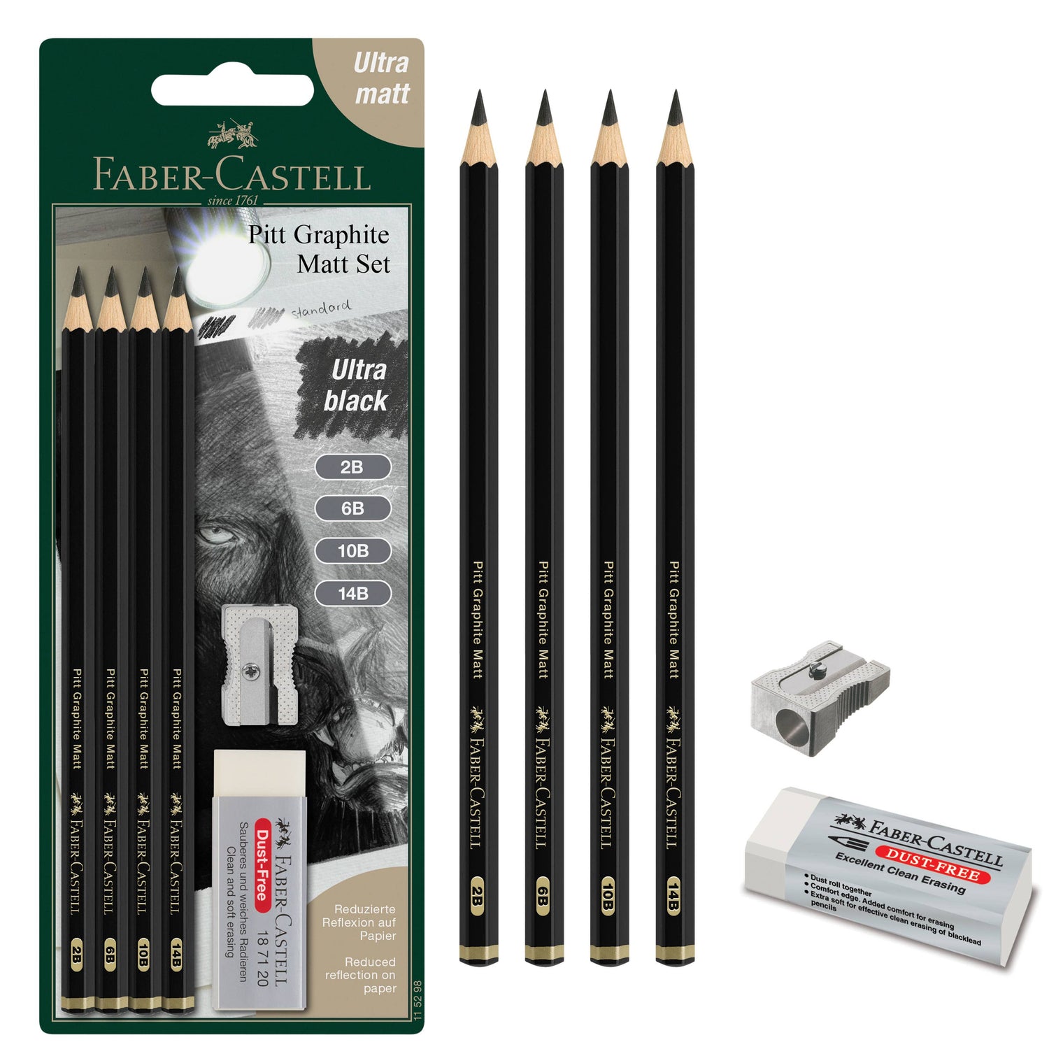 Faber-Castell Pitt Graphite Matte Pencil Sketching Set – 2B, 6B, 10B, 14B