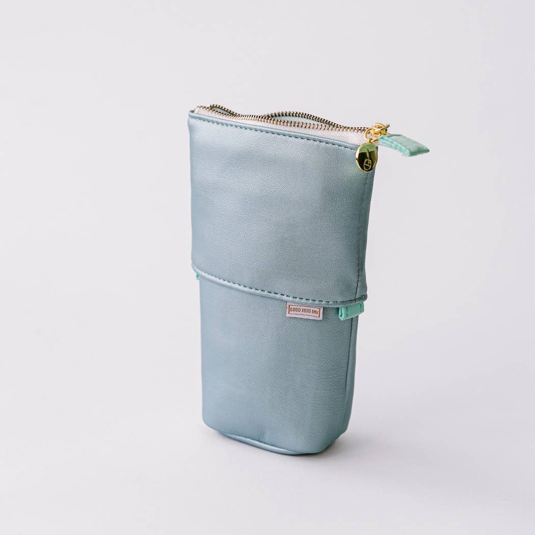 Luxe Standing Pencil Pouch, Metallic Blue Sky – Vegan Leather Free-Standing Case, by Good Juju Ink