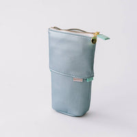 Luxe Standing Pencil Pouch, Metallic Blue Sky – Vegan Leather Free-Standing Case, by Good Juju Ink
