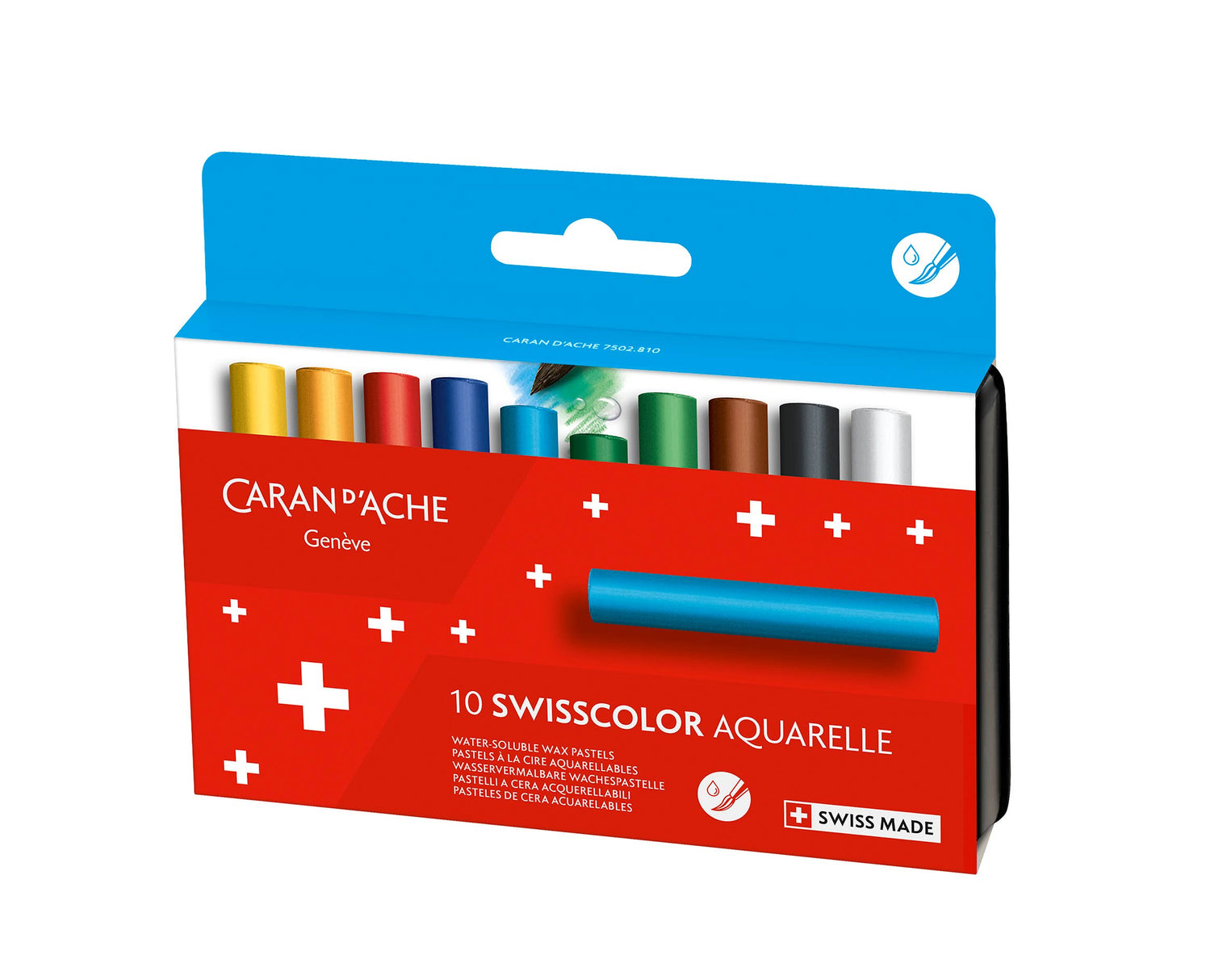 Caran d’Ache Set of 10 SWISSCOLOR Water-Soluble Wax Pastels – Colored Pastels in Cardboard Box