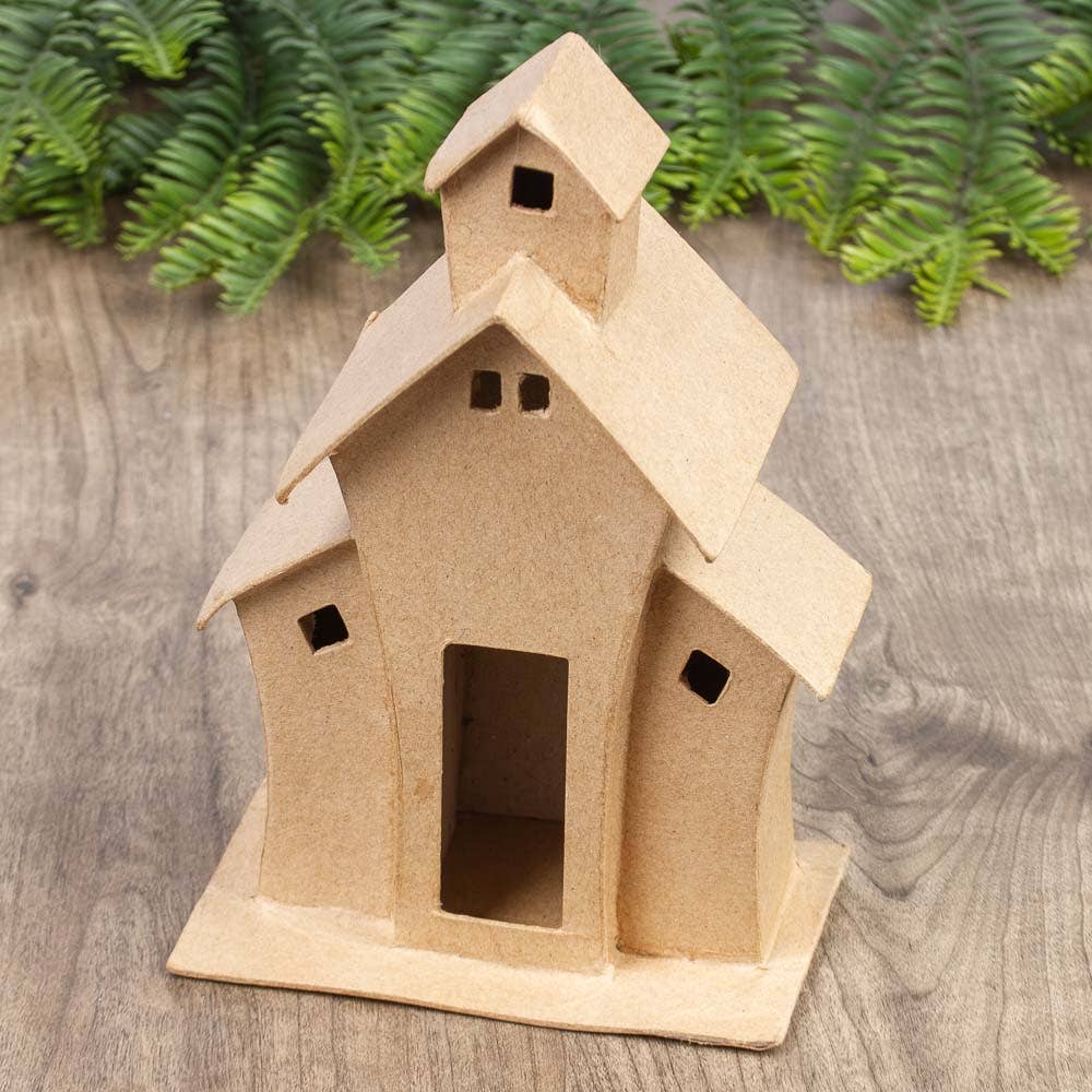 Premade Whimsical Paper Mache House, 4-1/4" x 7-1/2" x 3" Decorative Craft House for Painting & Seasonal Display