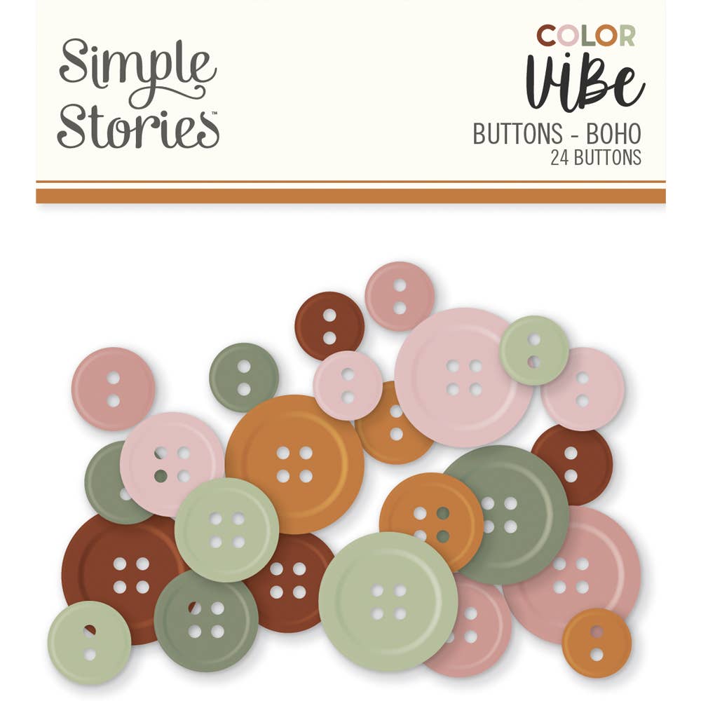 Simple Stories Color Vibe Buttons Boho – 24 Plastic Craft Buttons Assorted Sizes and Colors