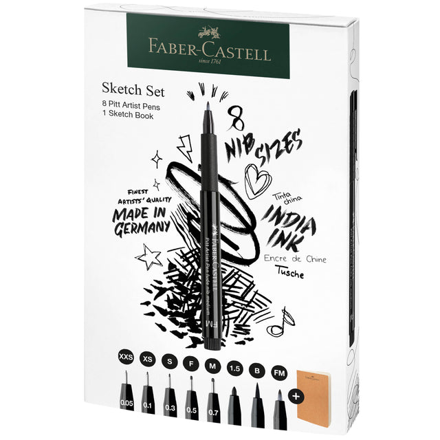 Pitt Artist Pen & Sketchbook Gift Set – 8 Pens + 40-Page Sketchbook, by Faber-Castell