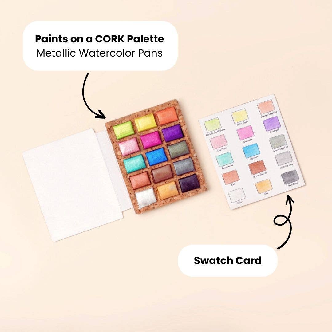 Metallic Watercolor Pans – 15 Colors (Cork Palette, Case Pack of 5), by Viviva Colors