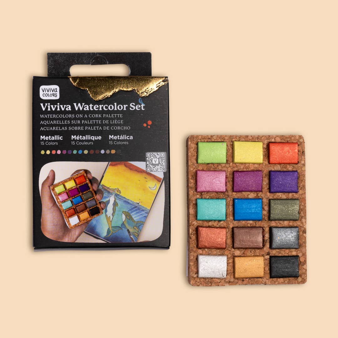 Metallic Watercolor Pans – 15 Colors (Cork Palette, Case Pack of 5), by Viviva Colors