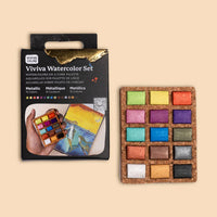 Metallic Watercolor Pans – 15 Colors (Cork Palette, Case Pack of 5), by Viviva Colors