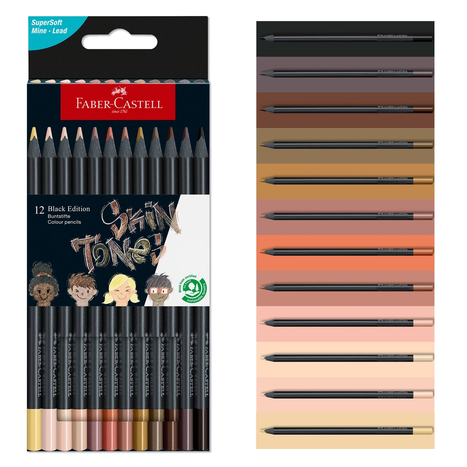 Black Edition Color Pencils, Skin Tones – 12 Count Super Soft Colored Pencil Set, Faber-Castell