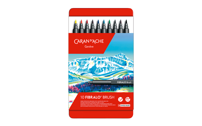 Caran d’Ache Fibralo Brush Pens – Set of 10 Water-Soluble Fiber Tip Pens (Metal Box)