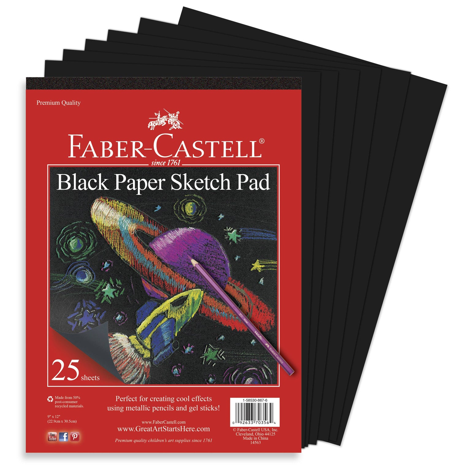 Black Paper Sketch Pad – 25 Sheets 9 x 12 in Heavy-Weight Drawing Paper, Faber-Castell