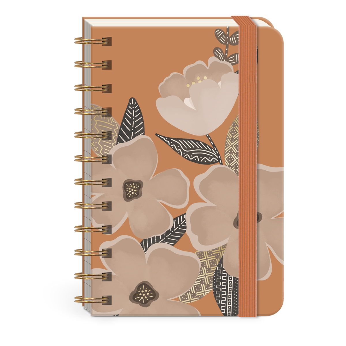 Spiral Pocket Notebook Floral by Punch Studio, Mini Notebook with Foil Accents & Bungee Closure