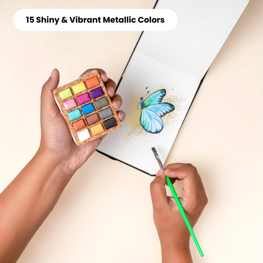 Metallic Watercolor Pans – 15 Colors (Cork Palette, Case Pack of 5), by Viviva Colors