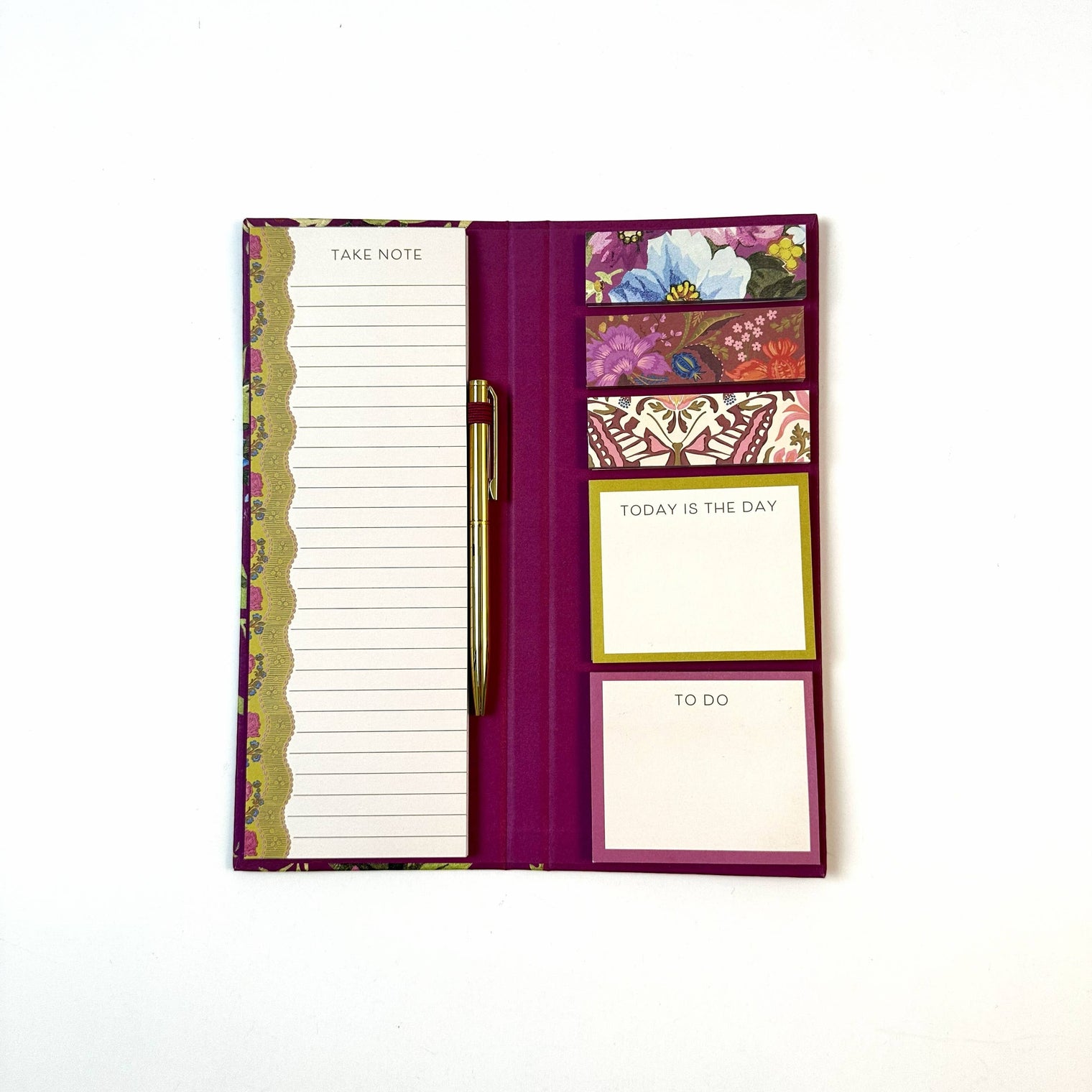 Notefolio with Pen Timeless Treasures Pink Floral by Punch Studio, Hardcover Folio with Notepad, Sticky Notes & Ballpoint Pen