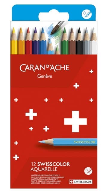 Caran d’Ache Set of 12 SWISSCOLOR Water-Soluble Colored Pencils – Assorted Colors