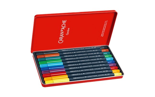 Caran d’Ache Fibralo Brush Pens – Set of 10 Water-Soluble Fiber Tip Pens (Metal Box)
