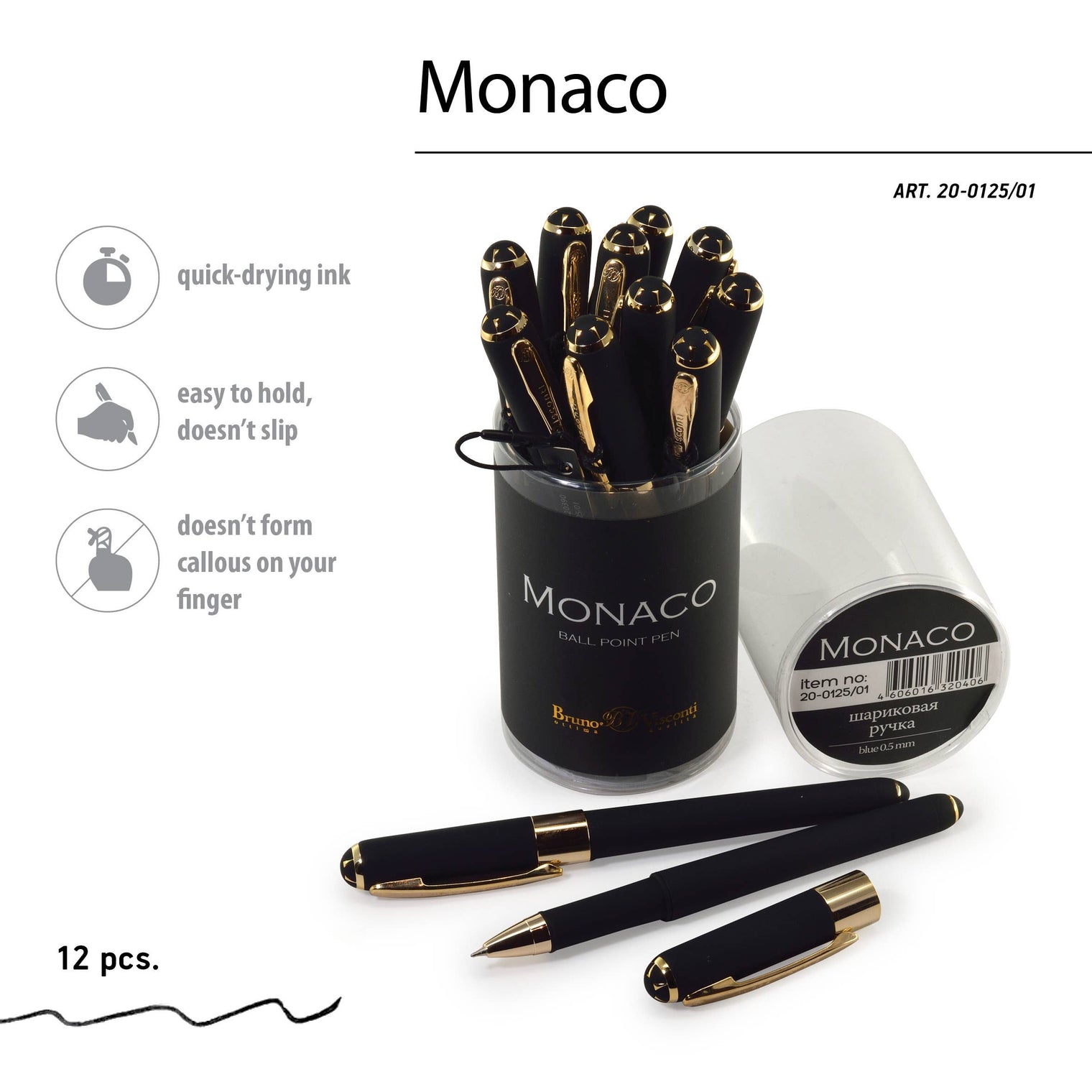 Monaco Black Ballpoint Pen (Single Pen) – Soft Touch 0.5mm Black Ink, BV by Bruno Visconti