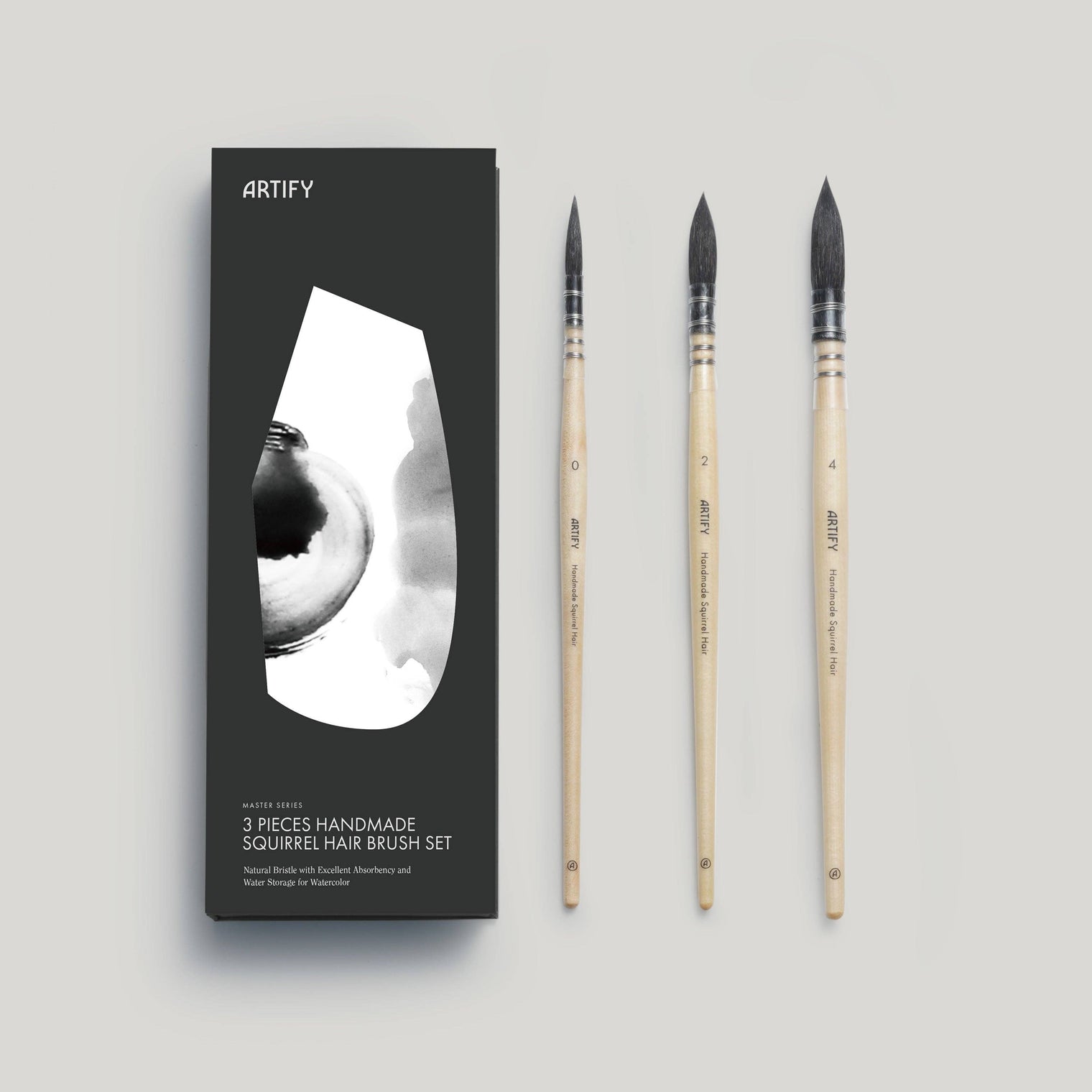 ARTIFY Professional Squirrel Hair Watercolor Brush Set – Sizes 0, 2, 4