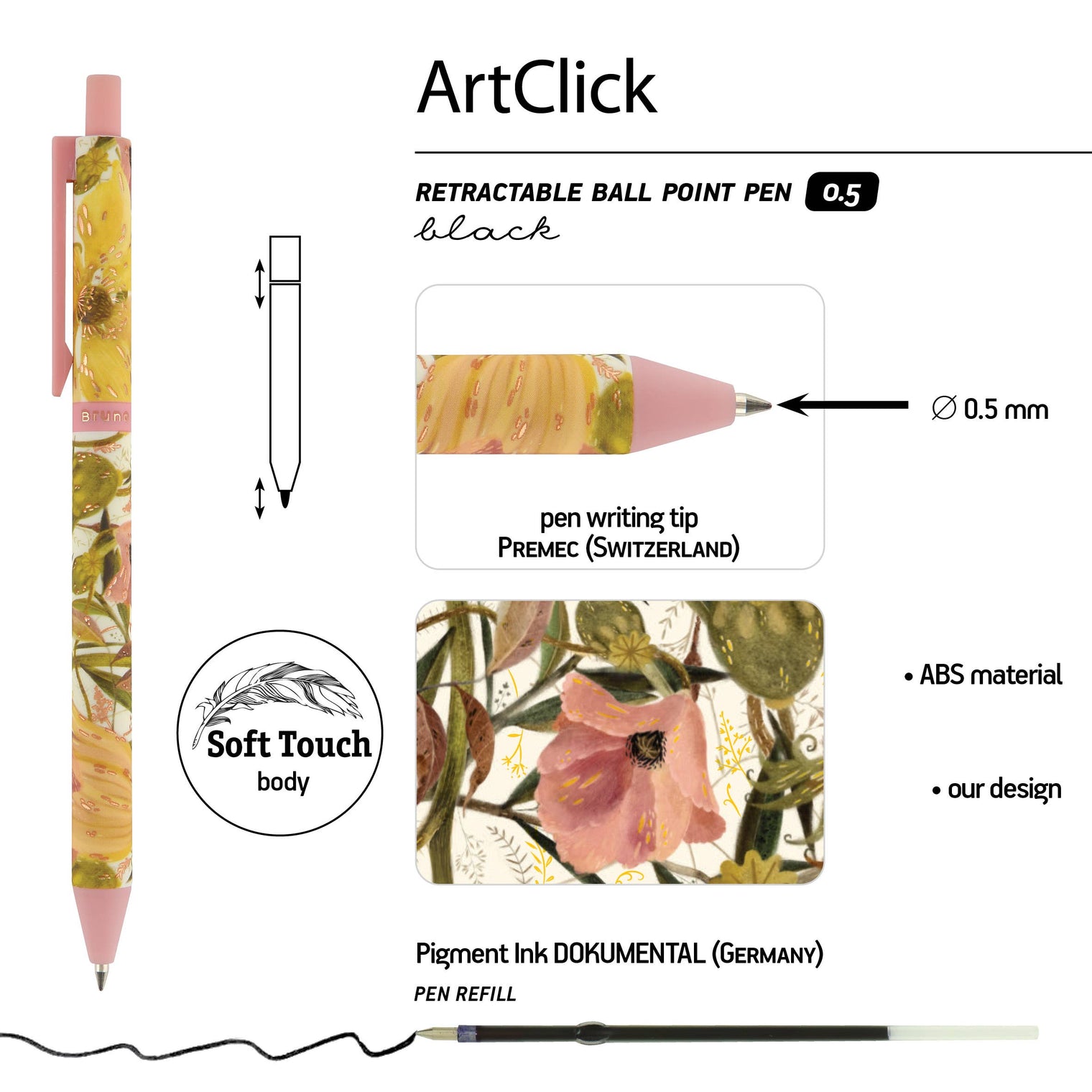 ArtClick Pen, Bloom – (Single Pen) Soft Touch Click Ballpoint Pen .5mm Black Ink, BV by Bruno Visconti