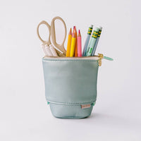 Luxe Standing Pencil Pouch, Metallic Blue Sky – Vegan Leather Free-Standing Case, by Good Juju Ink