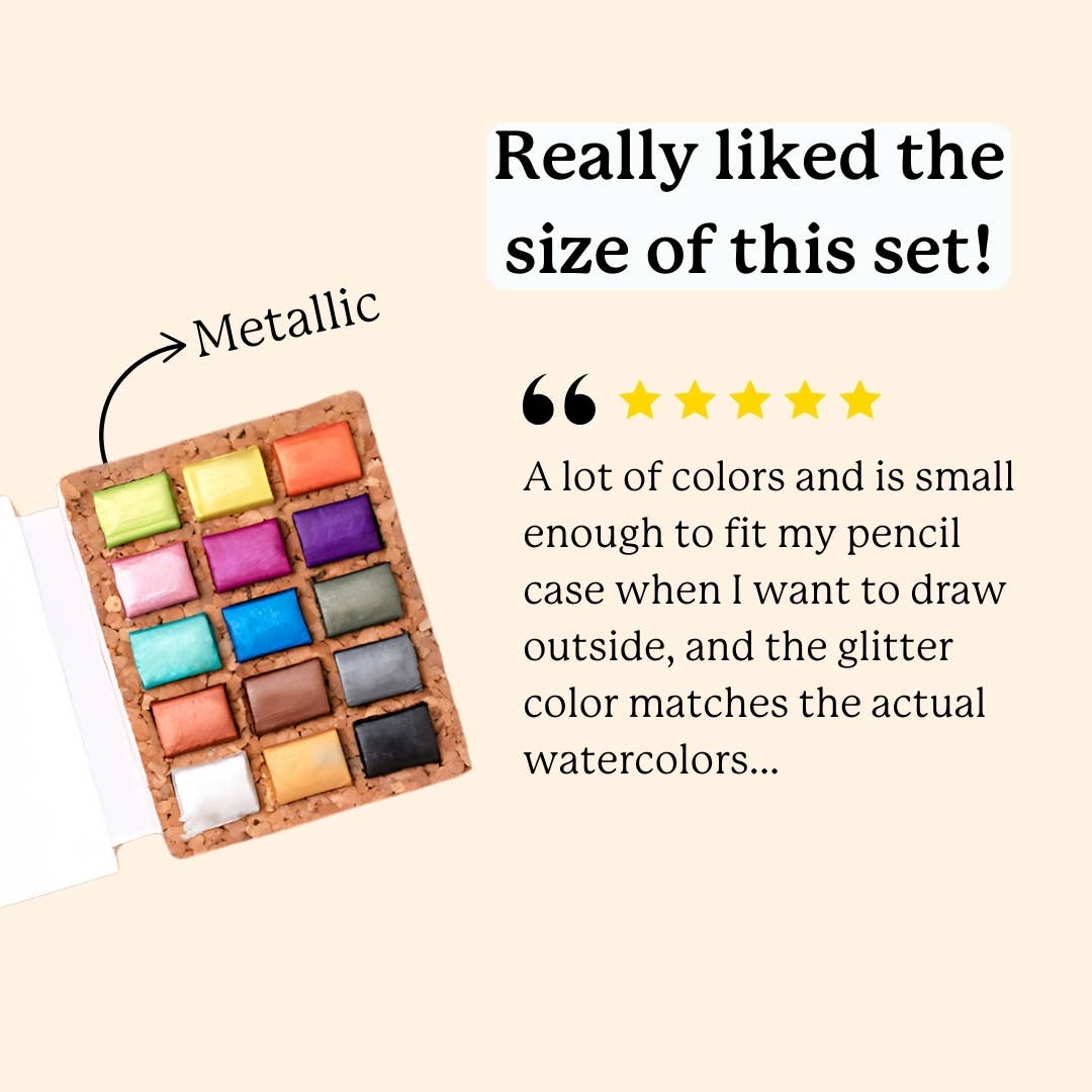Metallic Watercolor Pans – 15 Colors (Cork Palette, Case Pack of 5), by Viviva Colors