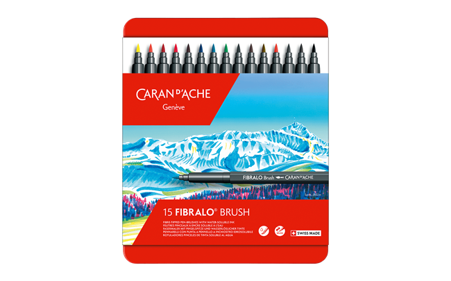 Caran d’Ache Set of 15 FIBRALO Brush Fibre Pens – Water-Soluble Brush Tip Markers in Metal Box