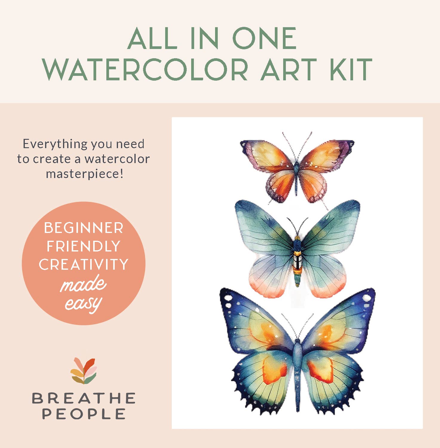 All-In-One Beginner Watercolor Kit Butterflies – 8x10 Painting Set, Breathe People