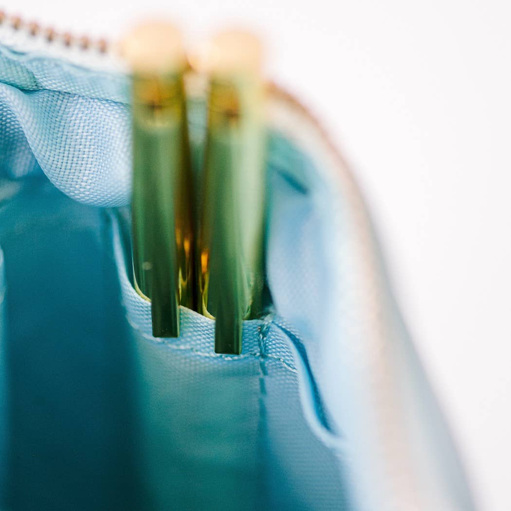 Luxe Standing Pencil Pouch, Metallic Blue Sky – Vegan Leather Free-Standing Case, by Good Juju Ink