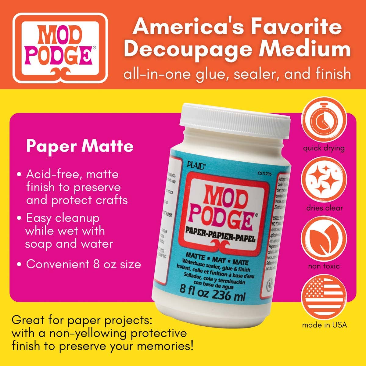 Mod Podge Paper Matte – 8 oz (All-in-One Glue, Sealer & Finish for Paper Crafts)