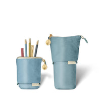 Luxe Standing Pencil Pouch, Metallic Blue Sky – Vegan Leather Free-Standing Case, by Good Juju Ink