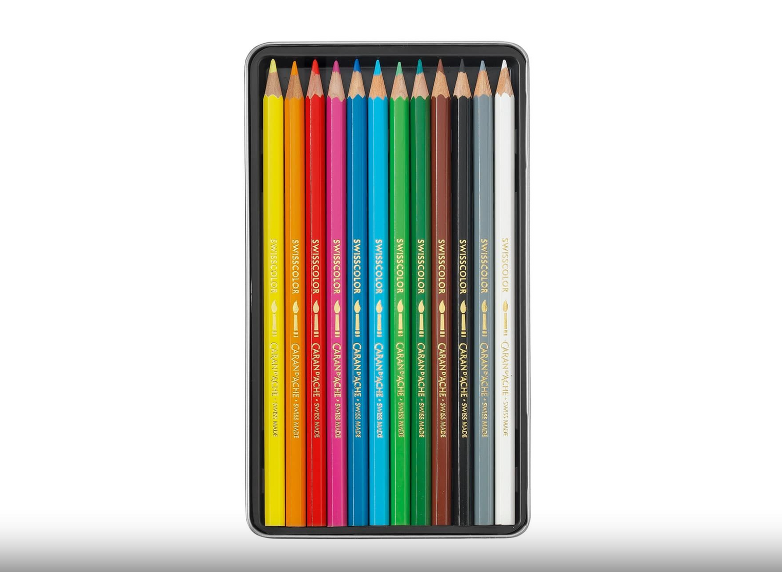 Caran d’Ache Set of 12 SWISSCOLOR Water-Soluble Pencils – Colored Pencil Set in Metal Box