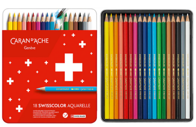 Caran d’Ache Set of 18 SWISSCOLOR Water-Soluble Colored Pencils – Assorted Colors