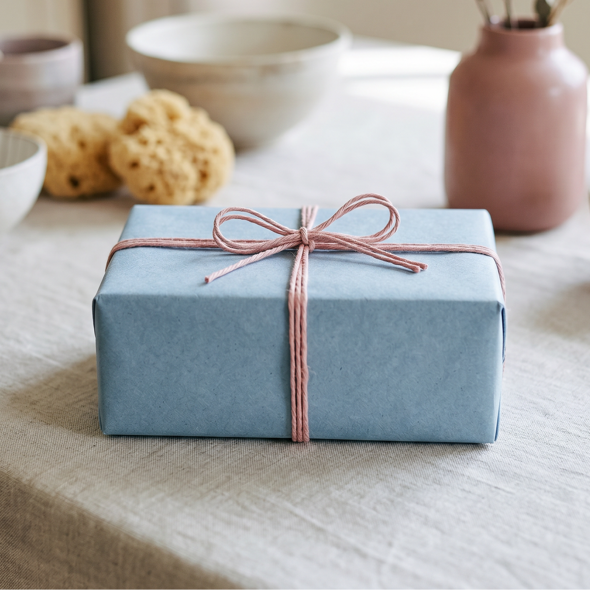 Blue gift box with a pink ribbon on a table with ceramic items.