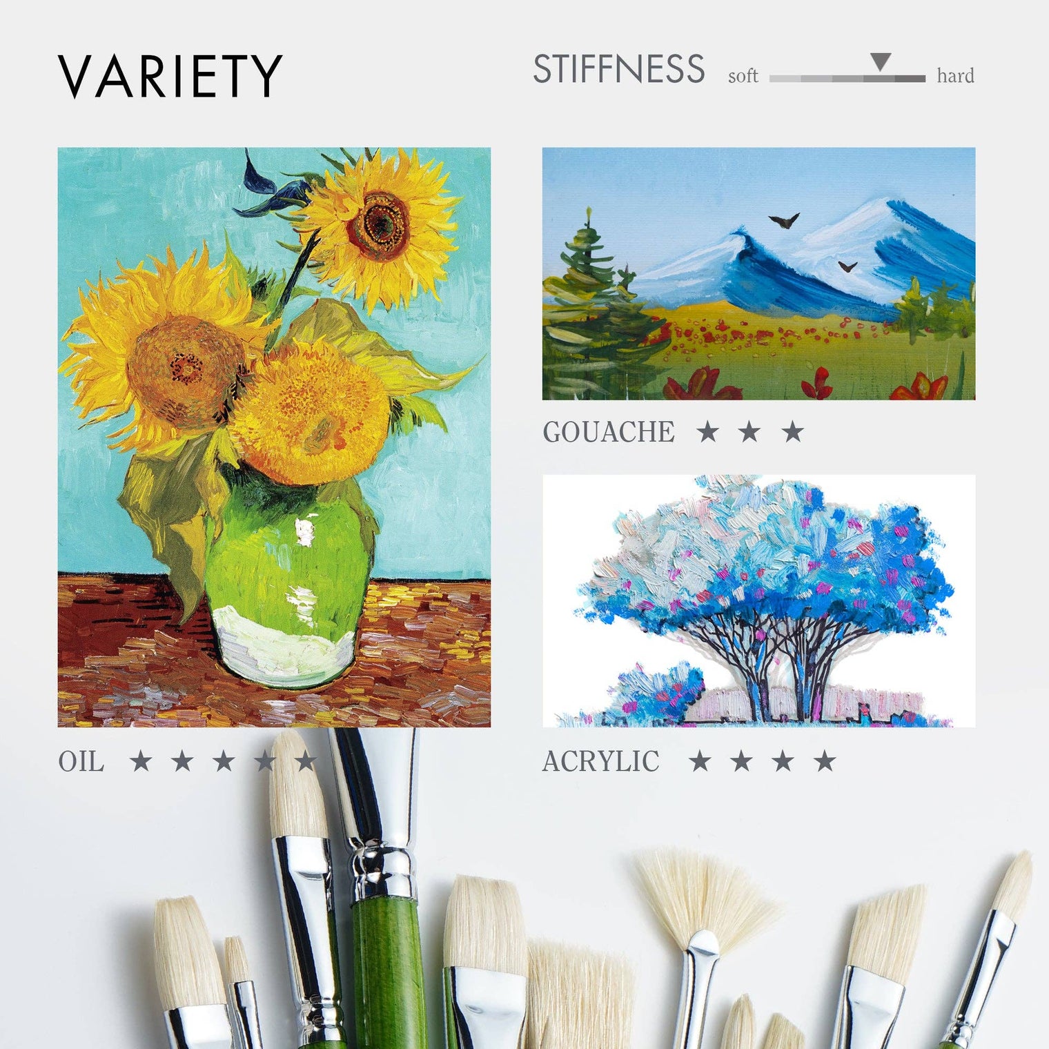 ARTIFY 15-Piece Oil Paint Brush Set – Pure Hog Bristle Brushes for Professional Oil Painting (Long Handle))