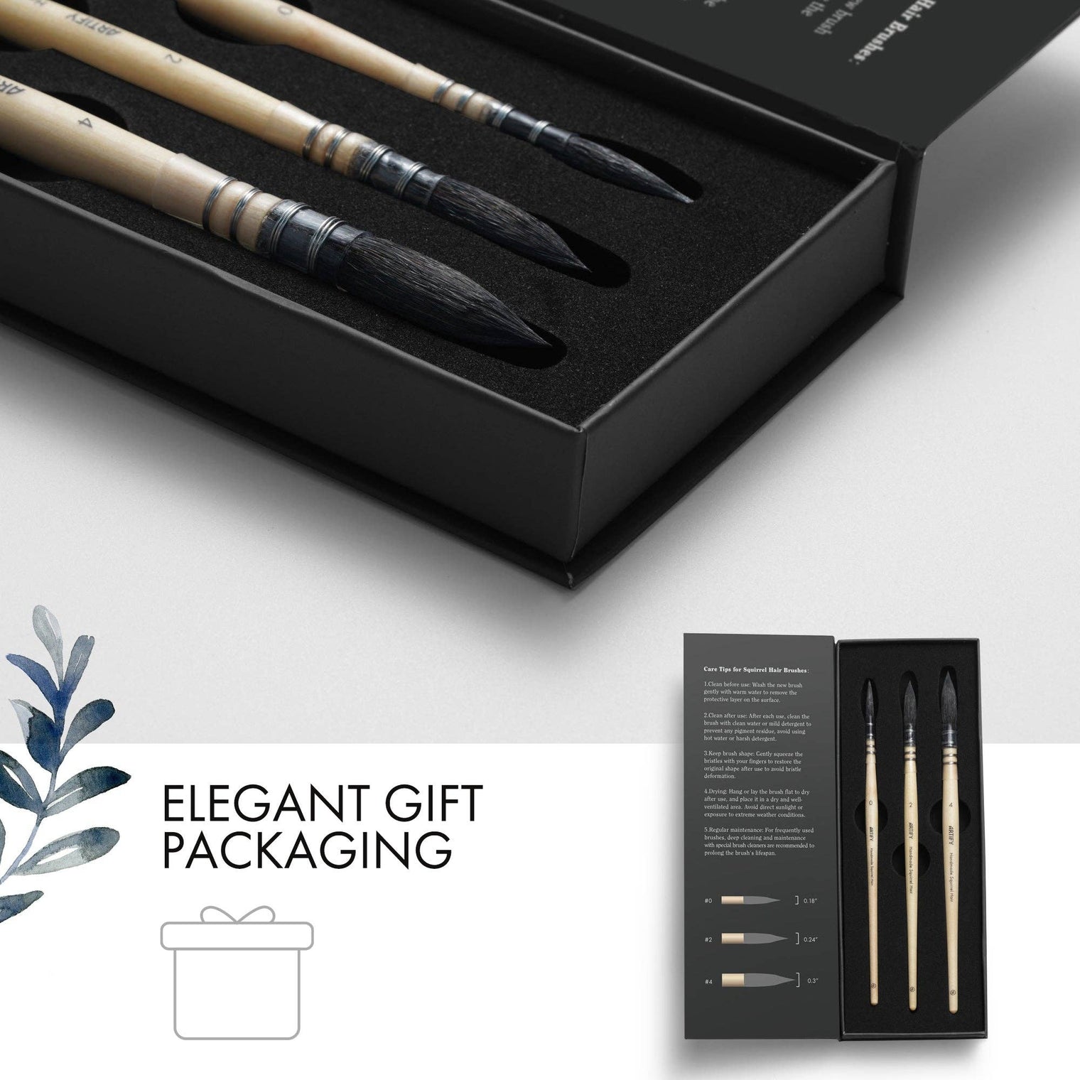 ARTIFY Professional Squirrel Hair Watercolor Brush Set – Sizes 0, 2, 4