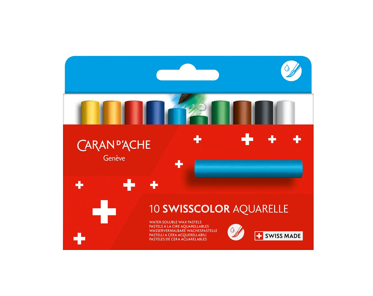 Caran d’Ache Set of 10 SWISSCOLOR Water-Soluble Wax Pastels – Colored Pastels in Cardboard Box