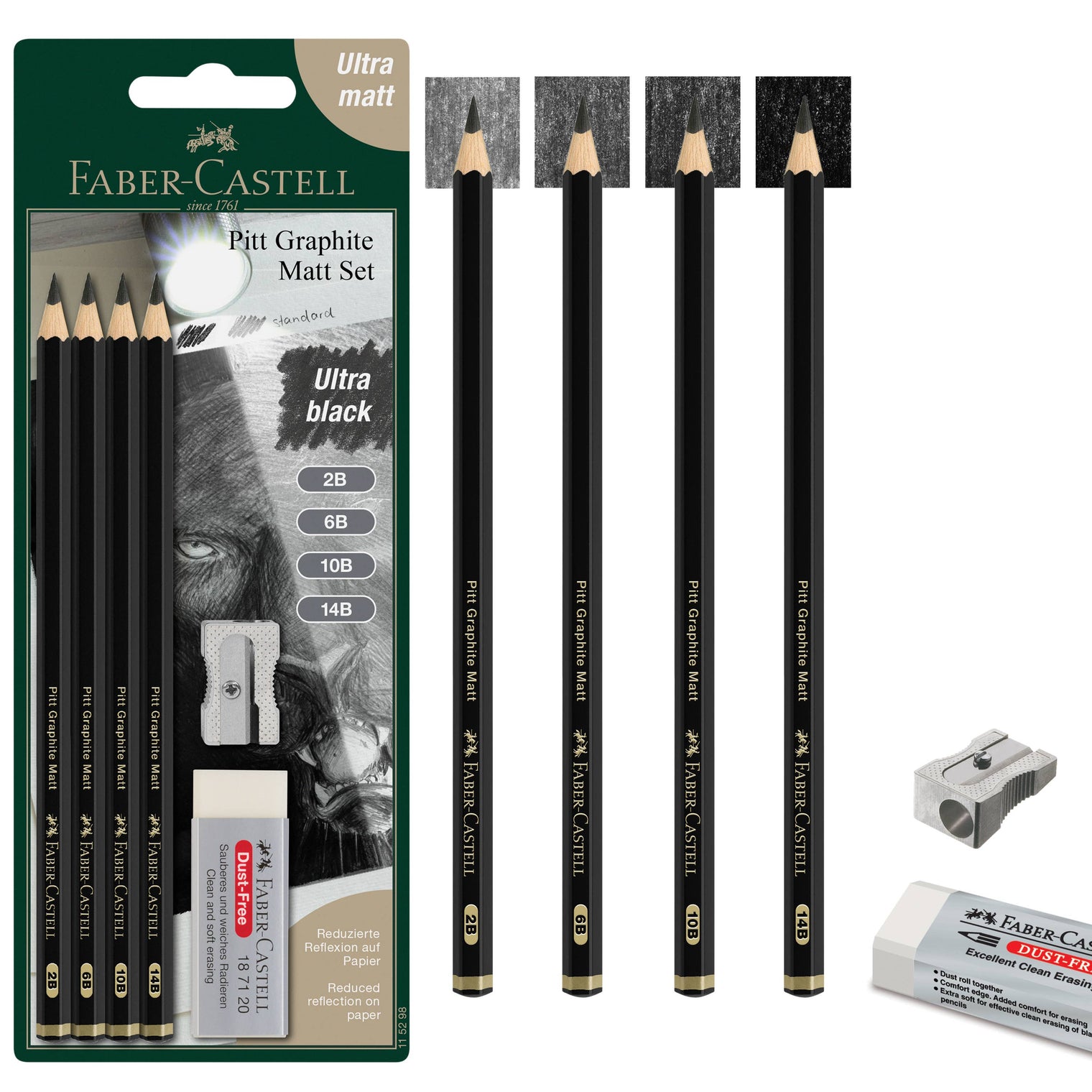 Faber-Castell Pitt Graphite Matte Pencil Sketching Set – 2B, 6B, 10B, 14B