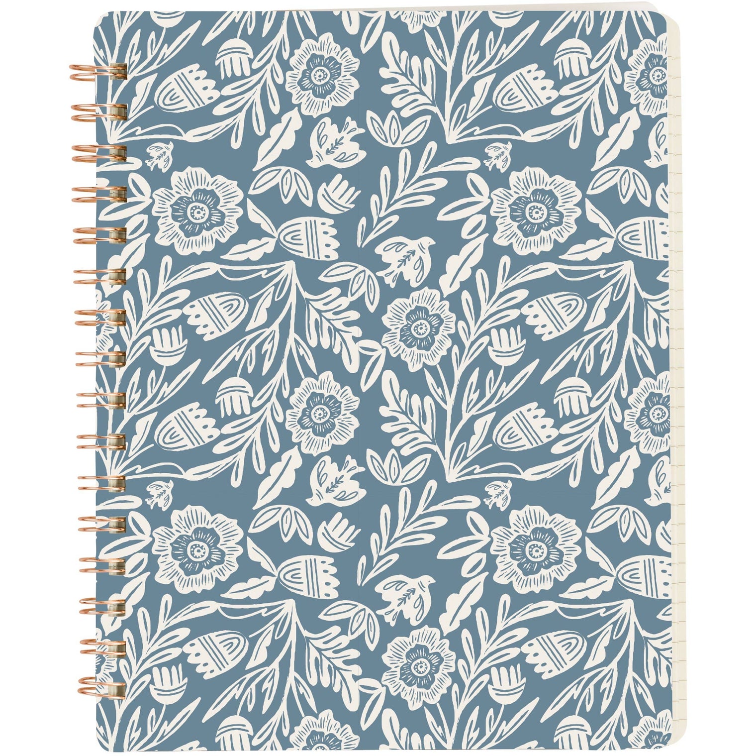 Blue Folk Florals Spiral Notebook – 120 Page Lined Journal, Primitives by Kathy