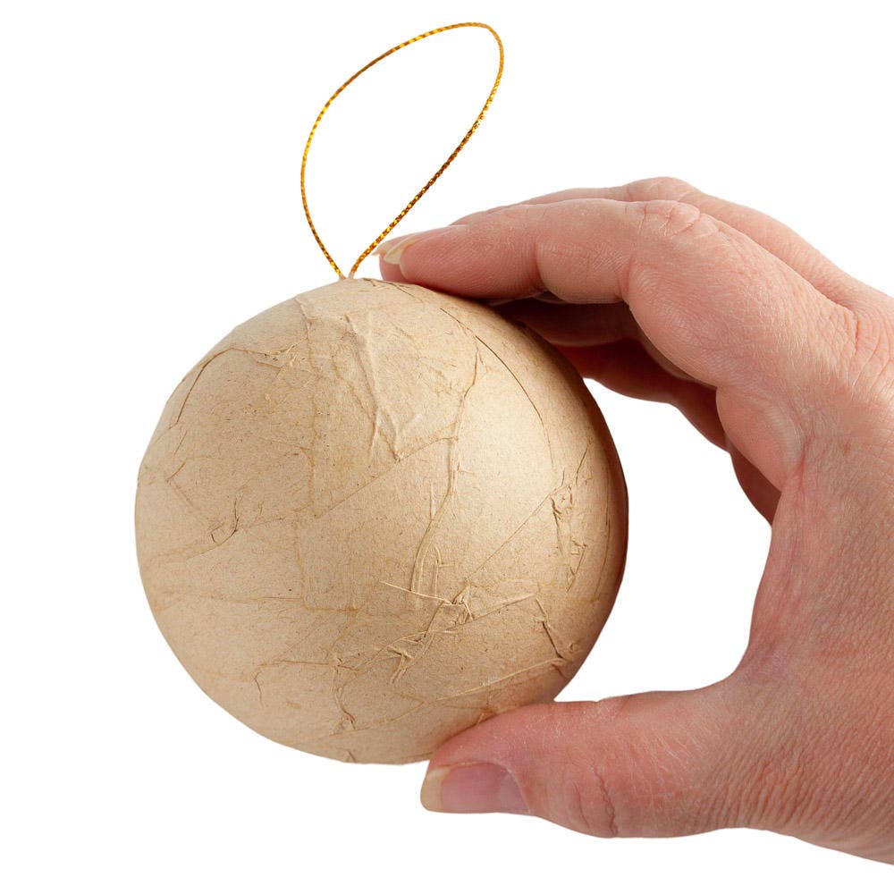 Textured Paper Mache Ball Ornament, 80mm (3.15 Inch) Craft Ornament with Gold Hanging String (Single)