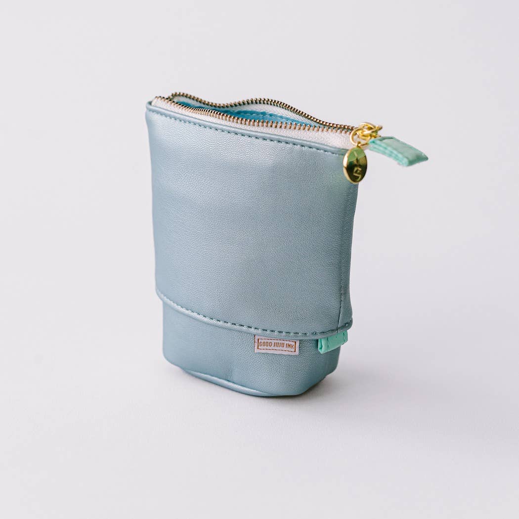 Luxe Standing Pencil Pouch, Metallic Blue Sky – Vegan Leather Free-Standing Case, by Good Juju Ink
