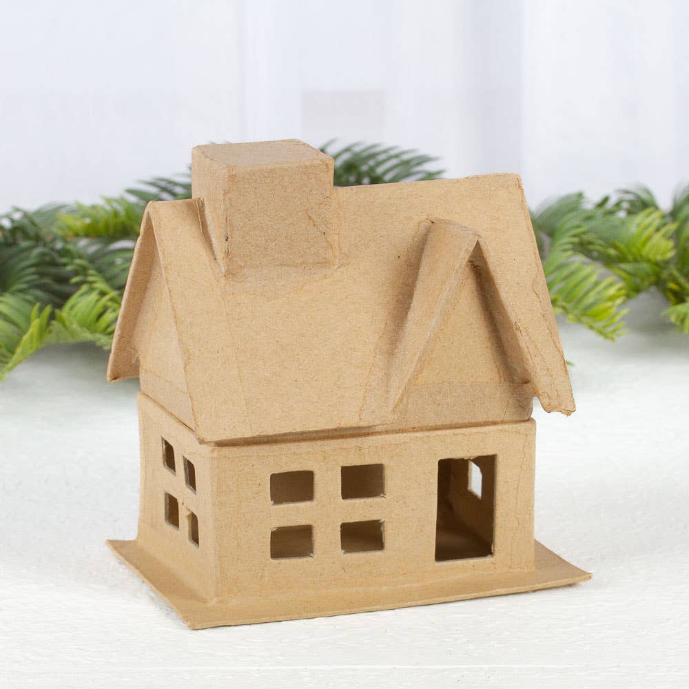 Premade Paper Mache House Box,  4" x 2-3/4" x 4-1/4" Craft House for Painting, Decorating & Seasonal Displays