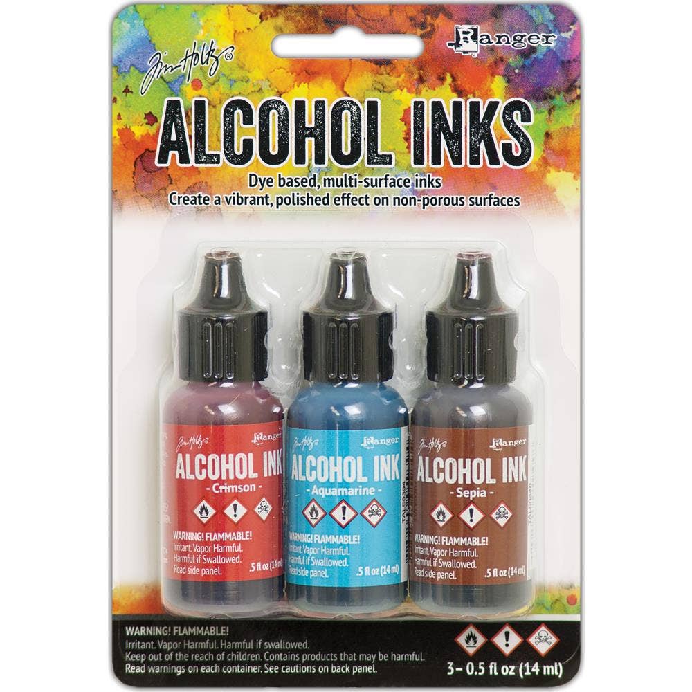 Tim Holtz Alcohol Ink Set – 3 Colors- Multiple Variations (0.5 oz Bottles, Dye-Based, Multi-Surface)