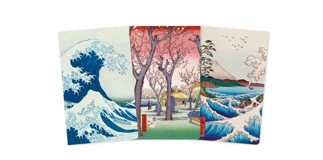 Japanese Woodblocks Set of 3 Mini Notebooks, Foiled Pocket Notebooks Featuring Ukiyo-e Artwork