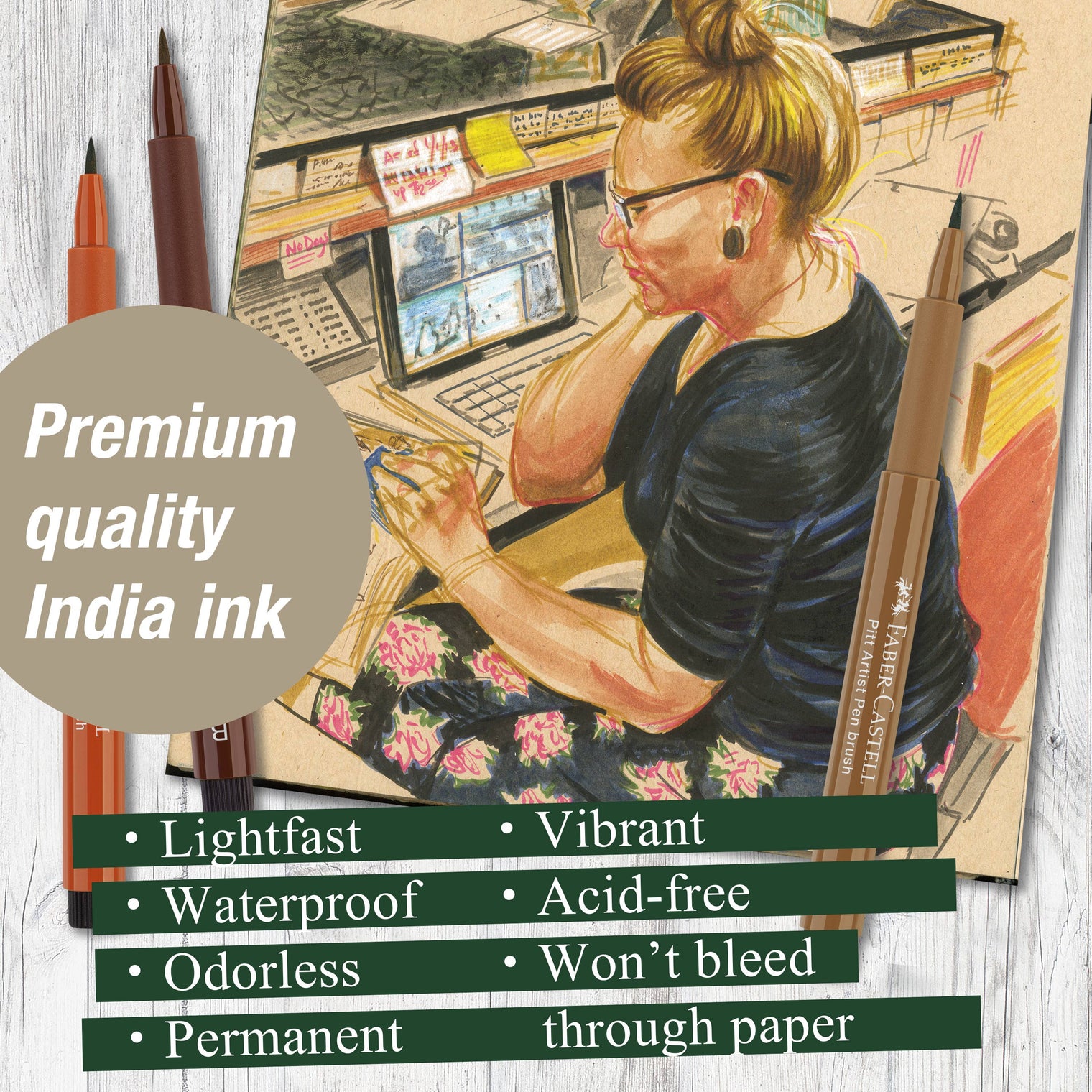 Pitt Artist Brush Pens – Portrait Set of 6 (Pigmented India Ink, by Faber-Castell