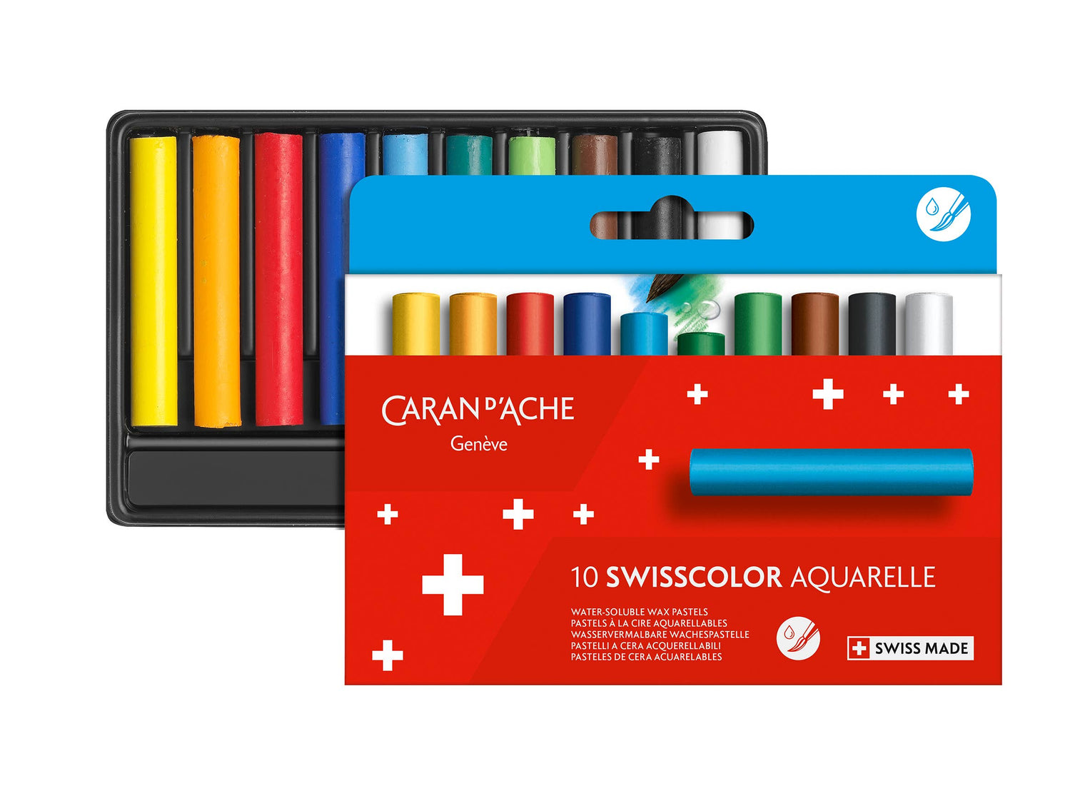 Caran d’Ache Set of 10 SWISSCOLOR Water-Soluble Wax Pastels – Colored Pastels in Cardboard Box