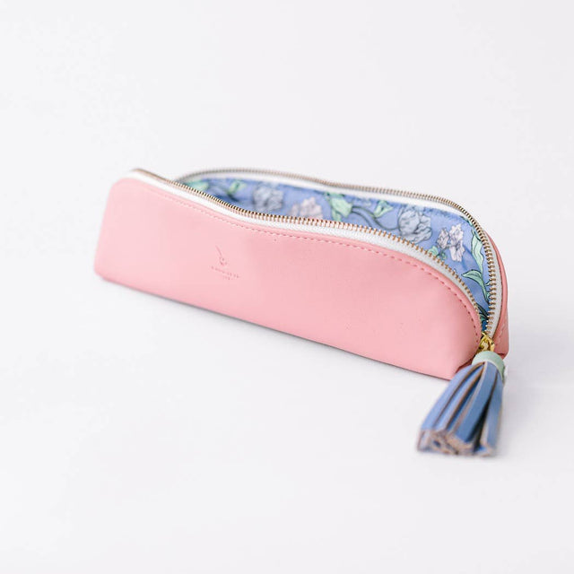 Luxe Slim Pencil Pouch, Rose Pink – Vegan Leather Floral Zipper Case, by Good Juju Ink