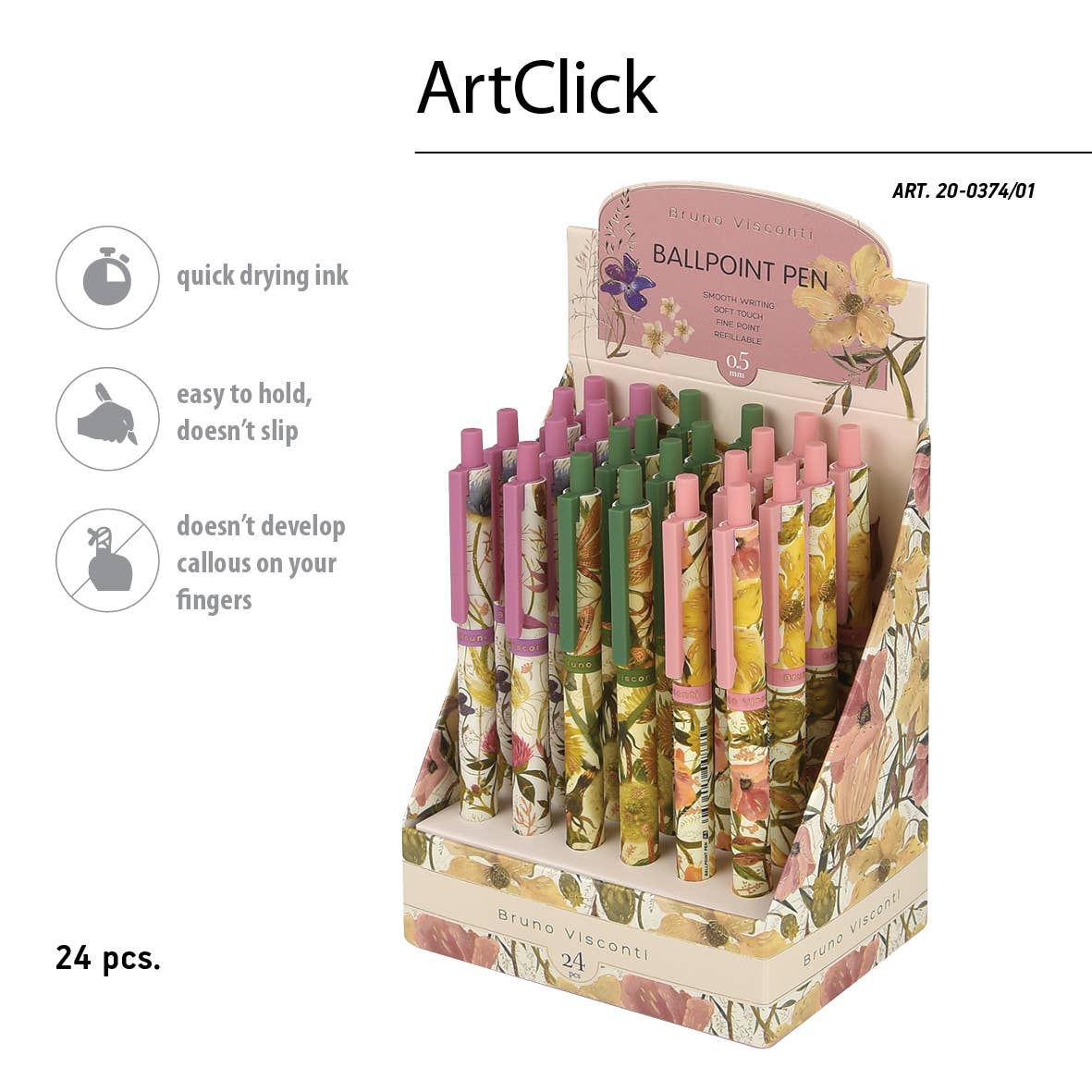 ArtClick Pen, Bloom – (Single Pen) Soft Touch Click Ballpoint Pen .5mm Black Ink, BV by Bruno Visconti