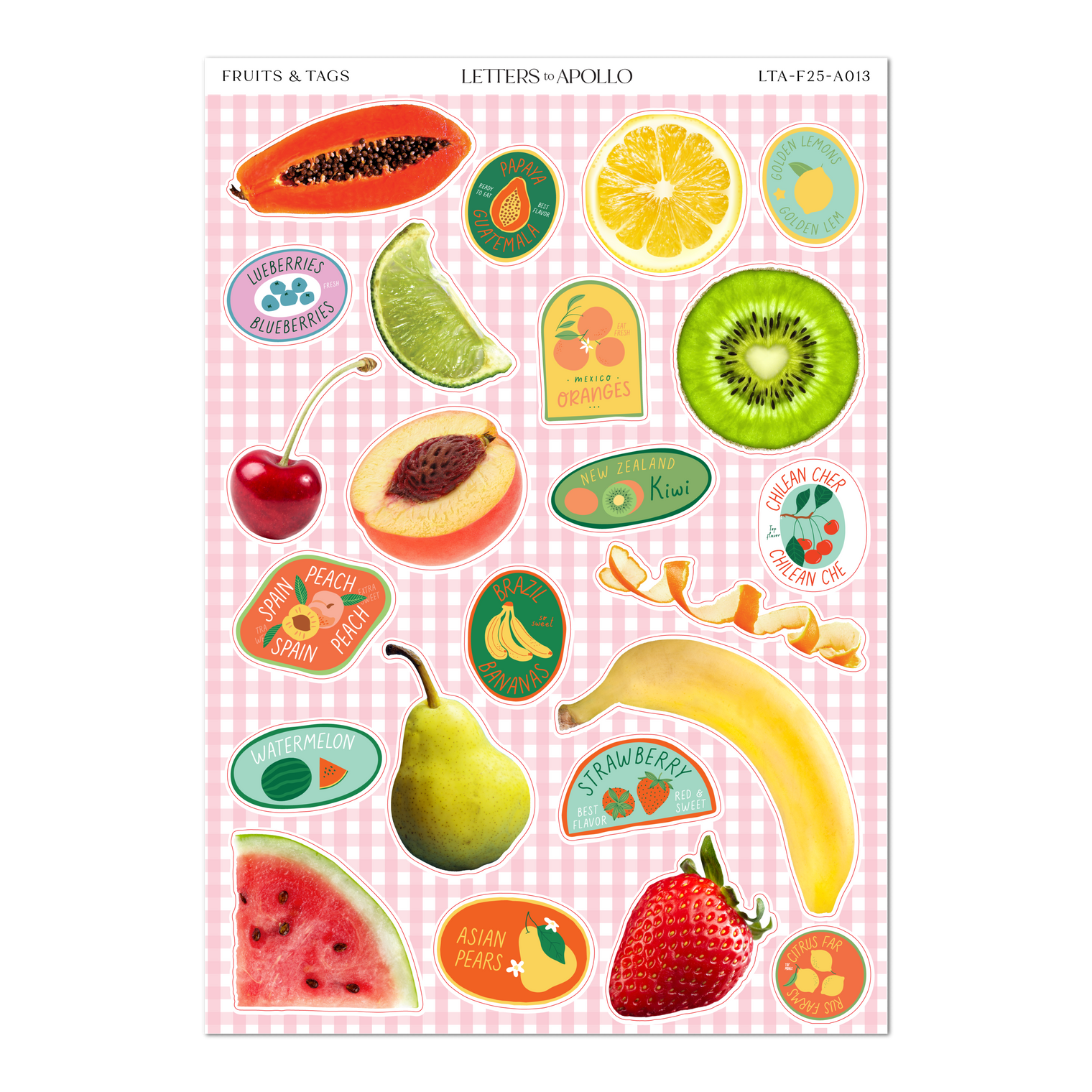 Fruits & Tags Sticker Sheet – 5 x 7 Inch Matte Paper Decorative Stickers